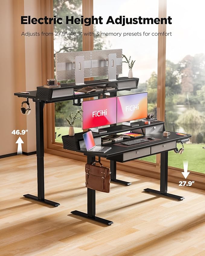 FiCiHi Electric Standing Desk with Four Drawers, Adjustable Height Sit Stand Desk, C-Clamp Compatible Home Office Desk with Storage Shelf & Monitor Stand Riser, 55 x 24 Inch, Classical Black
