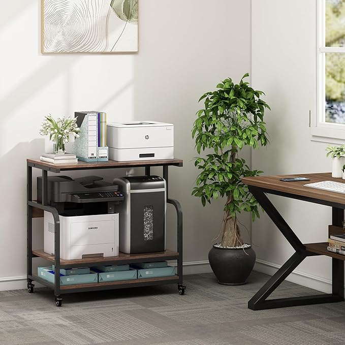 Fannova 32.3" Wide Extra Large Printer Stand, 3 Tier Printer Table with Adjustable Storage Shelf, Rolling Printer Cart with Industrial Wheels for Home Office, Rustic Brown