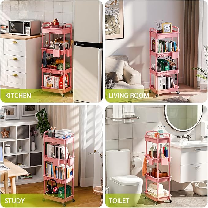 Sorgion 4 Tier Rolling Cart Organizer,Art Craft Diaper Bedside Snack Laundry Room Bathroom Organizer Narrow Thin Slim Rolling Trolley Utility Cart with Wheels for Kitchen,Office(Pink)