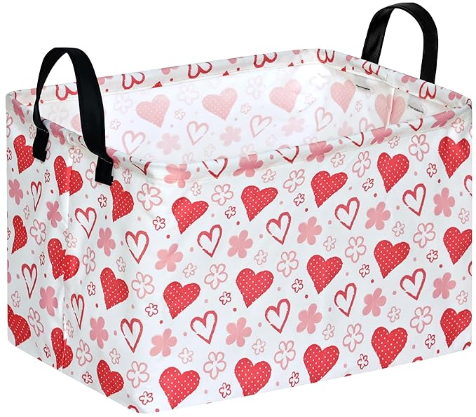 FUULOXE Rectangular Valentines Basket Storage Bin for Shelves Girls Gifts Baskets Foldable Box with Handles for Home Office Car Dormroom Valentine's Day Party Supplies