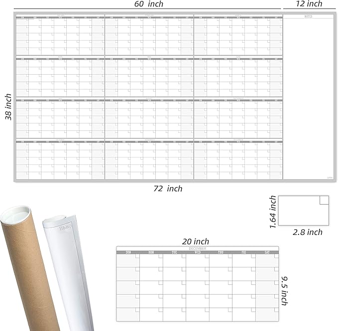 Large Reusable Dry Erase Yearly Wall Calendar - Jumbo Premium Laminated 12 month Task Organizer - 38"x72" Undated Annual Planner for Home, Office, School Projects