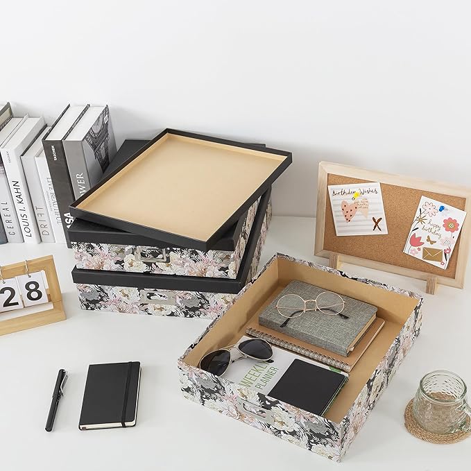 Soul & Lane Decorative Storage Boxes with Lids for Organizing, Set of 3 Floral Jumbo Scrapbook Letter Storage Boxes for Documents, Photos, Keepsakes, Memories, Garden Noir