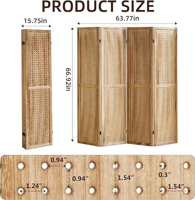 Aleesing 4 Panel Pegboard Display with 16 Hooks, Wooden Room Divider Wall and Folding Privacy Screens, Partition Room dividers, Pegboard Room Divider, Jewelry Store, Bedroom, Balcony, Light Brown