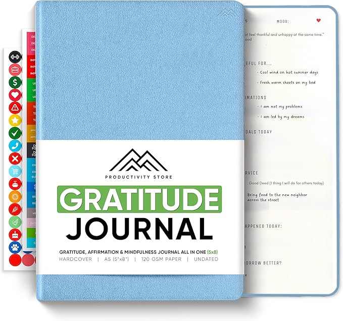 Gratitude & Self-Care Journal - Guided Mindfulness & Mental Health Journal All-in-One with Prompts for Self Discovery - Daily Journal for Men & Women by PRODUCTIVITY STORE (A5, Blue)