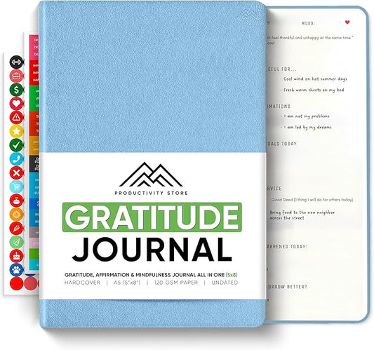 Gratitude & Self-Care Journal - Guided Mindfulness & Mental Health Journal All-in-One with Prompts for Self Discovery - Daily Journal for Men & Women by PRODUCTIVITY STORE (A5, Blue)