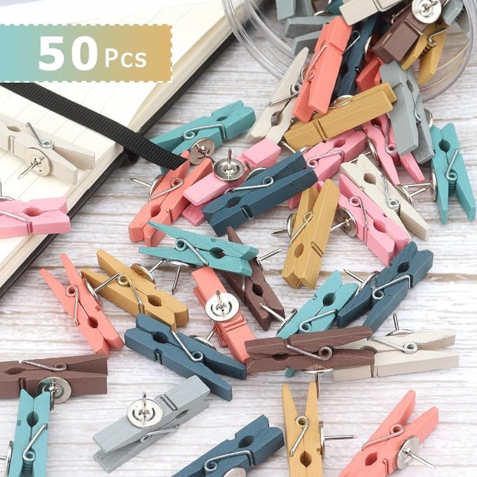JOANCÉE 50 PCS Wooden Clips Colorful Push Pins Tacks for Cork Board Artwork, Crafts Arts Projects(Morandi)