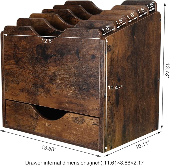 PAG Wood Desktop File Holder Organizer Mail Sorter with Drawer, for File Folders, Mails, Envelopes, Mailing Supplies or Magazines, 6 Compartments, Antique Brown
