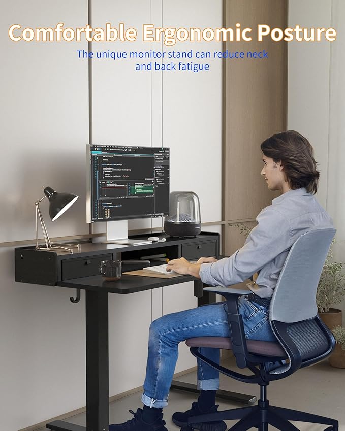 YIHAYO Electric Standing Desk with Drawers, 55 x 24 Inches Adjustable Desk with Storage Shelf, Stand Up Desk with Splice Board, Computer Table for Home Office, Black Frame/Black Top