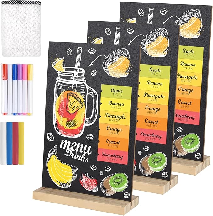 BOUBONI 3 Pack Small Chalkboard Signs with Wood Stand 6 x 8 inch Tabletop Chalkboard Sign Double-Sided Message Menu Boards for Kitchen Wedding Bar and Restaurant