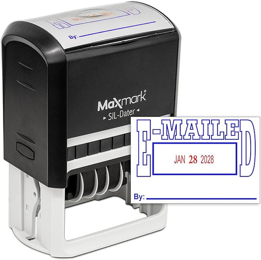 MaxMark Large Self-Inking Rubber Date Office Stamp with E-Mailed Phrase & Date - Blue/Red Ink, 12-Year Band - Style 5