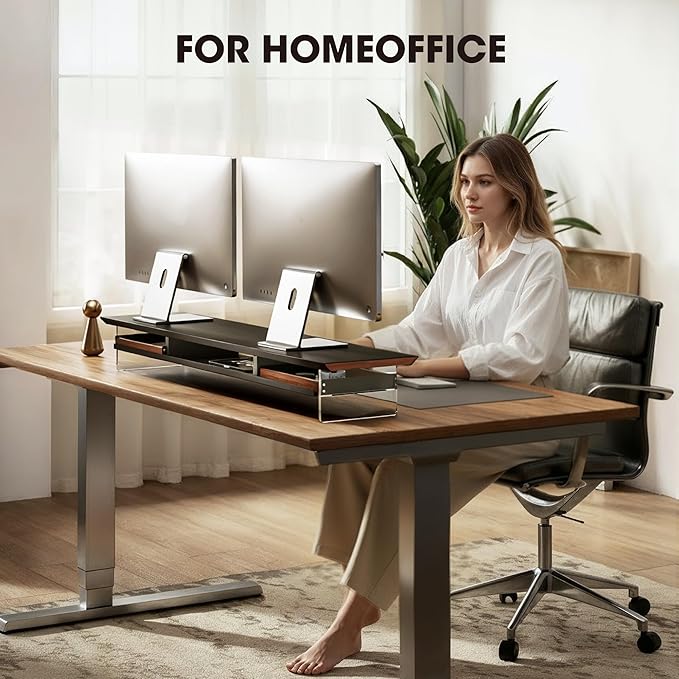 Fenge Dual Monitor Stand with Drawer, 42.5 Inch Large Monitor Riser with Acrylic Legs Supports, Computer Stand for Desk, 2 Tier Wood Desk Shelf with Storage Organizer for PC, Laptop, Printer, TV