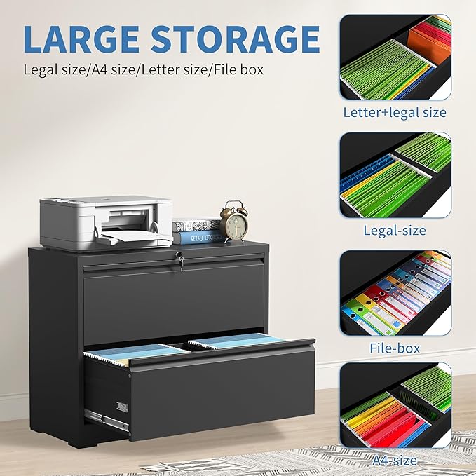 FLIXELIO File Cabinets 2 Drawer,Metal Office Storage Filing Cabinet with Lock,Black Lateral Filing Cabinet for Home Office,Horizontal 2-Drawer File Cabinets for Legal/Letter/A4,Assembly Require,Black
