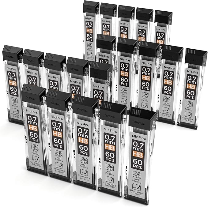 Nicpro 1200 PCS Lead Refills 0.7mm HB #2 Break Resistant Mechanical Pencil Refills 0.7 mm, 60 Pack Per Tube, 20 Tubes