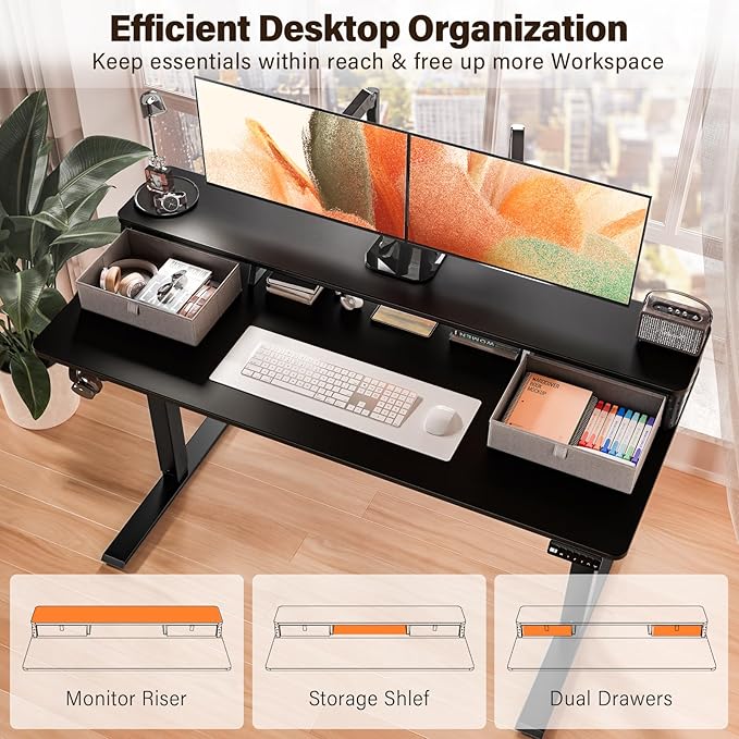 Kingant 55 x 24 Inch Electric Standing Desk with Dual Drawers, Height Adjustable Sit to Stand Computer Desk with Storage Shelf and C-Clamp Mount Compatibility for Home Office, Black