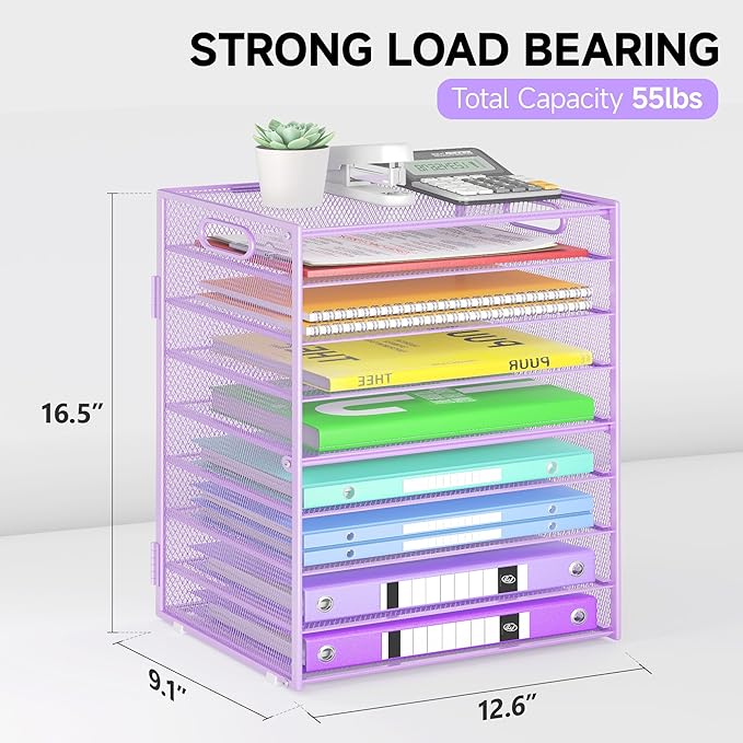 Cawukege 9 Tier Paper Organizer with Handle, Large Capacity Desk Organizer Mesh File Folder Letter Paper Tray Desktop Document Sorter for Classroom, School, and Office Accessories Organization- Purple
