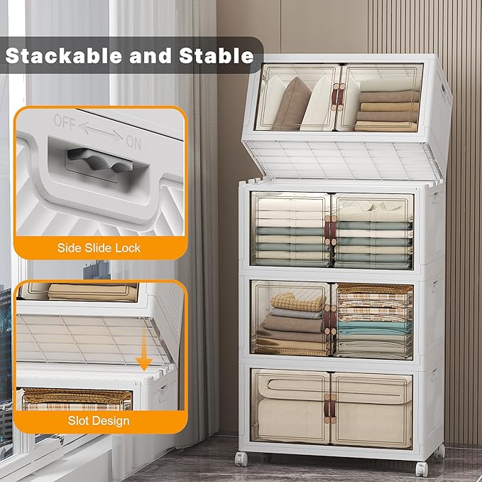 UAMFURI Extra Large Stackable Storage Bins with Lids & Wheels & Door, 448QT-112QT/28GAL*4Pack Foldable Collapsible Closet Organizers, Plastic containers drawers for bedroom Dorm