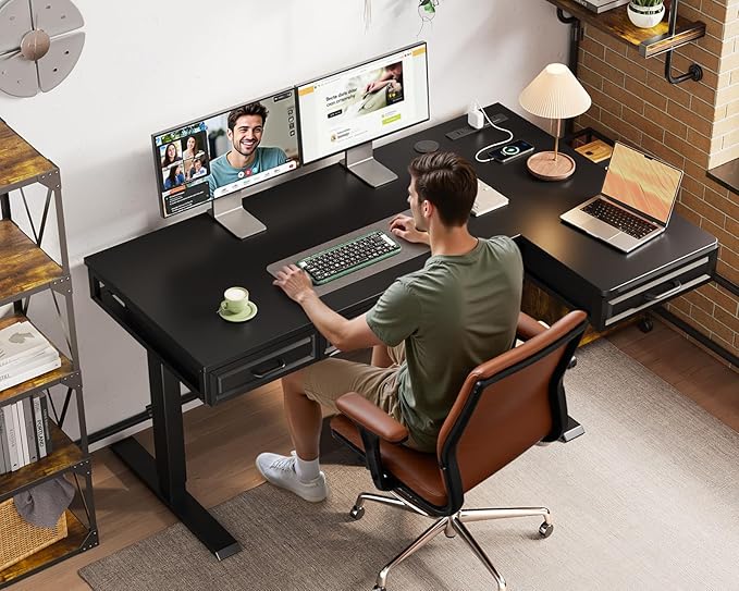 OffiGo L Shaped Electric Standing Desk with Wooden Drawers, 55 Inch Height Adjustable Corner Workstation with Power Outlets, Sit Stand Table for Home, Office, Black