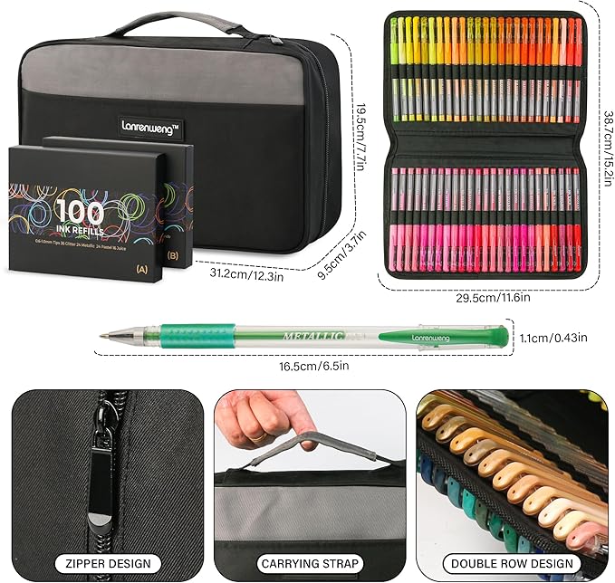 LANRENWENG 400 Pack Gel Pens for Adult Coloring Books, 200 Colored Gel Pen Include 200 Refills with 40% More Ink,Glitter Gel Pens Set for Coloring Books Drawing Journaling Scrapbook Art Supplies