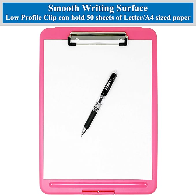 Think2Master Pink Plastic Storage Clipboard. | 25% Heavier & 25% Sturdier| Heavy Duty and Won’t Flex or Bend Like Other Brands (Compare The Weight). Storage Compartment Holds 150 Letter Sized Paper.