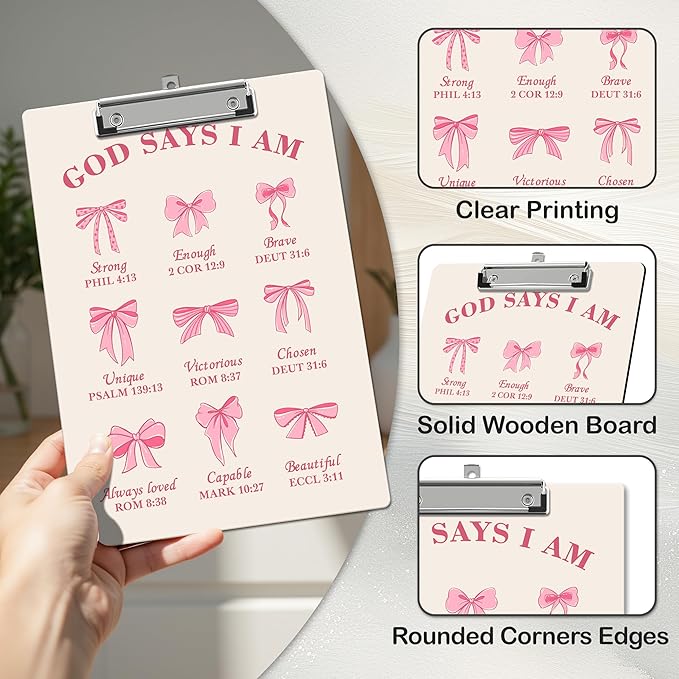 APIILVPQ Bible Clipboard, Pink Bow Clipboards with Low Profile Clip for Office School Use, Christian Prayer Wooden Clip Boards for Nurses Teachers Students - C04