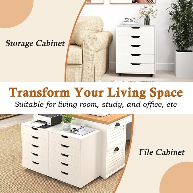 Giantex 5-Drawer Mobile Storage Cabinet with Wheels - Rolling Lateral Filing Under Desk Chest of Drawers, 19.5" x 16" x 25.5" Office Cabinet for Living Room, Study