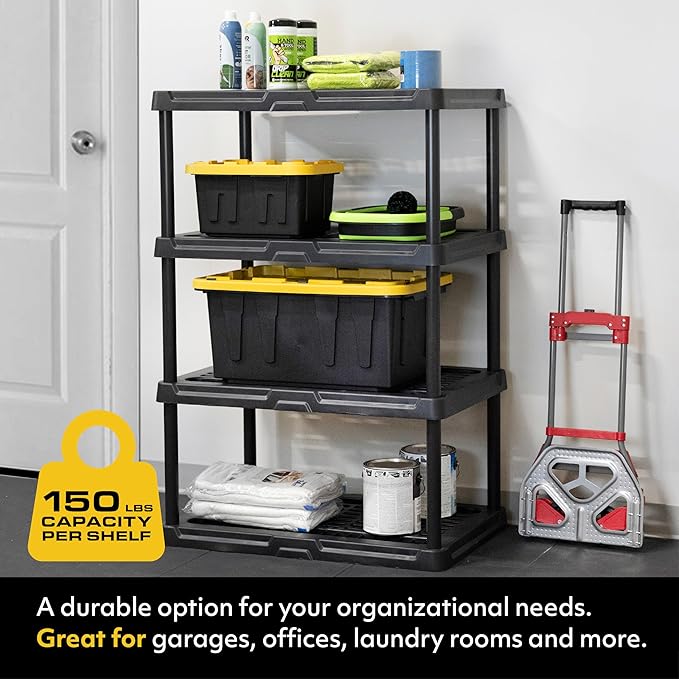 CENTREX CX 4-Tier (53”H x 36”W x 18”D) Plastic Storage Shelving Unit (Black), Heavy Duty, 150lbs Per Shelf Capacity, for Space-Saving Garage, Closet & Laundry Storage with Easy Assembly