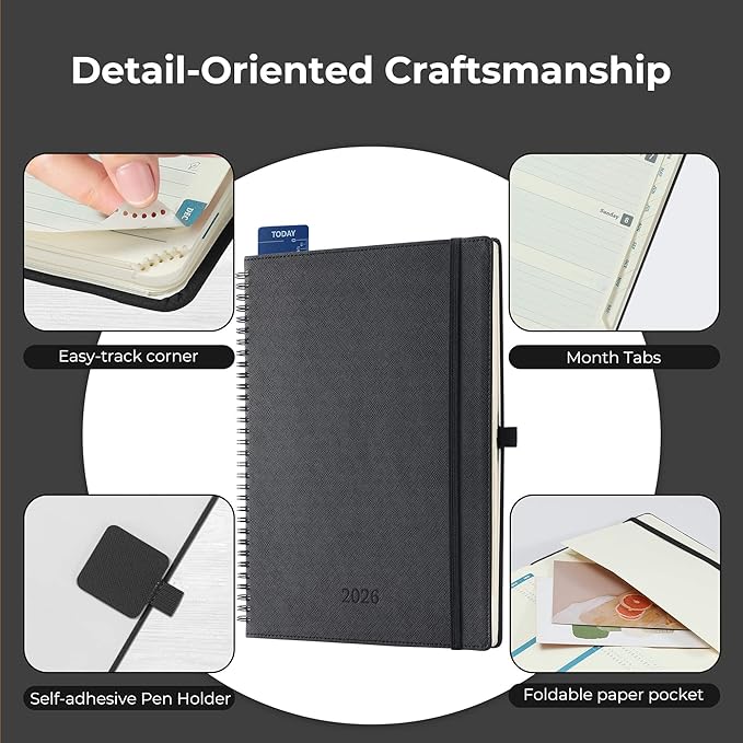 IN-LUXPRO Planner 2026 Daily Weekly and Monthly,11.5"x8.5",12 Months Spiral Bound Calendar Agenda with Self-adhesive Pen Holder,2026 Appointment Book with Vegan Leather Soft Cover,Black