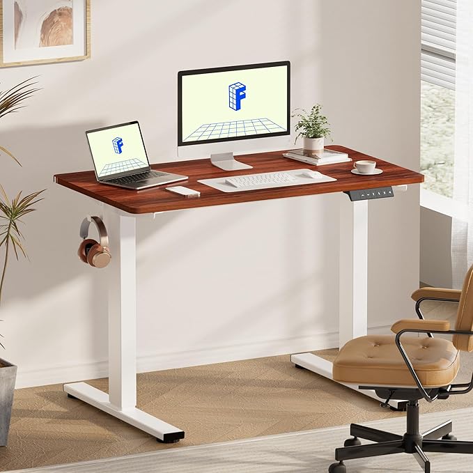 FLEXISPOT EN1 One-Piece Standing Desk with 1-Inch Thick Seamless Desktop, 48"x30" Electric Height Adjustable Desk for Home Office, Multi-Monitor Setups & Easy Assembly, Mahogany