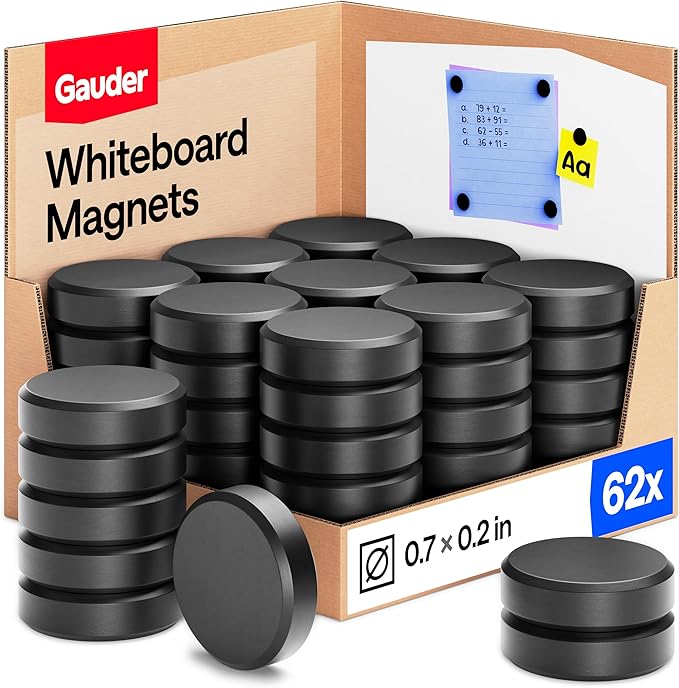 GAUDER Magnets for Whiteboard, Fridge & Bulletin Board - Strong Round Magnetic Discs - Black Magnets for Crafts (62 Pieces - 0.7" x 0.2")