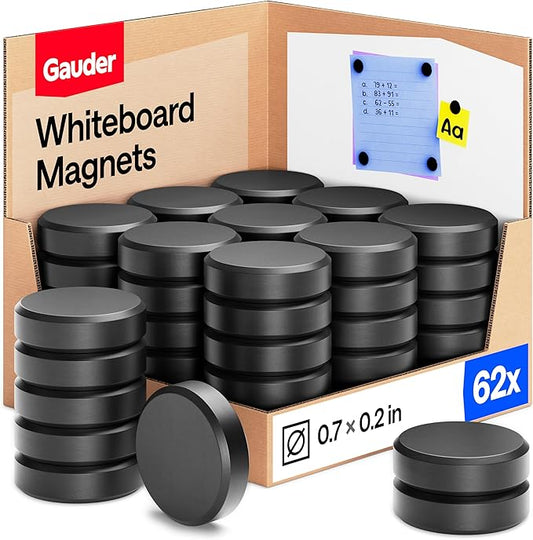 GAUDER Magnets for Whiteboard, Fridge & Bulletin Board - Strong Round Magnetic Discs - Black Magnets for Crafts (62 Pieces - 0.7" x 0.2")