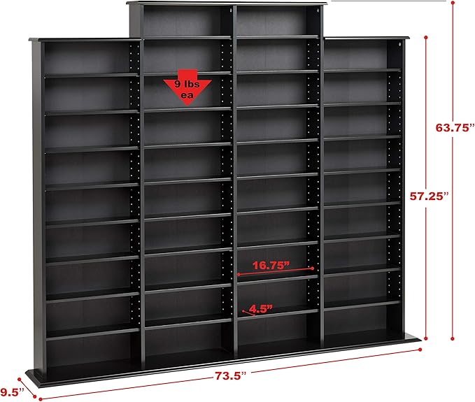Prepac 4 Column Tall Cabinet Media, Quad Width Wall Storage, Black
