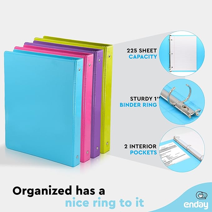 1 Inch 3 Ring Binder 1” Binder Clear View Cover with 2 Inside Pockets, Colored School Supplies Office and Home Binders Assorted Colors May Vary (4 Pack) – by Enday