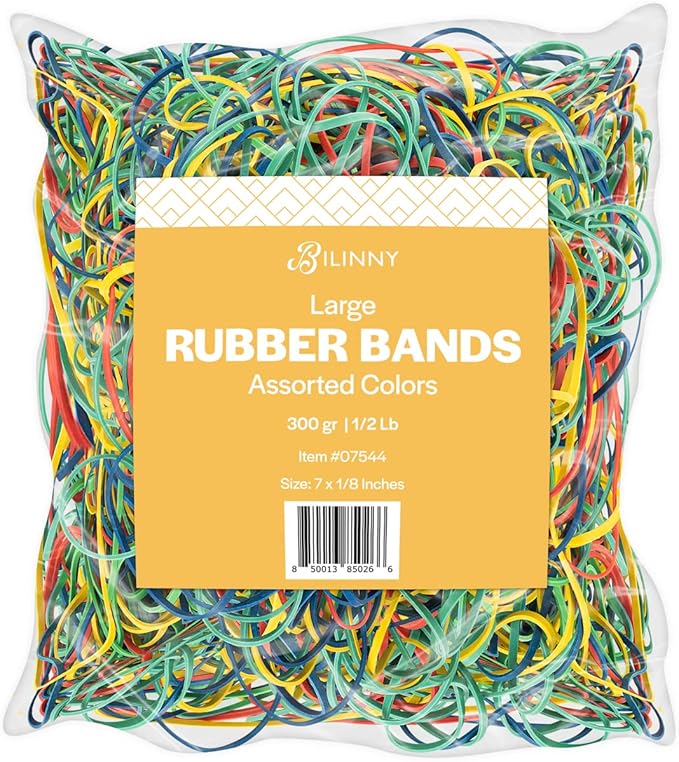 Bilinny Large Rubber Bands Heavy Duty, 1/2 LB, 7x1/8 inches, Made in USA, Home & Office Rubber Bands 4 Assorted Colors (120 Count)
