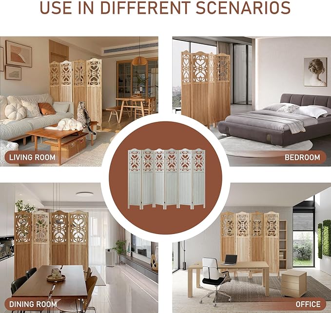 ALeesing 4 Panel Room Divider Fully Assembled, Carved Room Dividers and Folding Screens, 5.6Ft Wood Room Divider Screen Freestanding Partition Wall Dividers for Home Bedroom Office, Rustic Wood Color