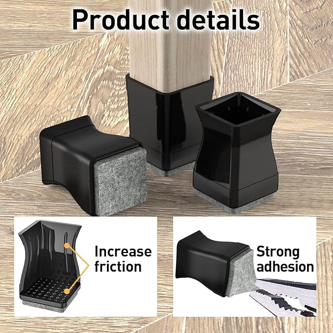 Square Chair Leg Protectors for Hardwood Floors, 16 Pcs Silicone Felt Furniture Leg Cover,Black.1.575" to 1.811".