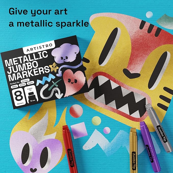 ARTISTRO 8 Metallic Poster Markers - Jumbo Markers Set with 15mm Wide Jumbo Tip for Murals, Posters, Tagging, Rock, Wood, Plastic, Leather, Metal, Fabric, Ceramic