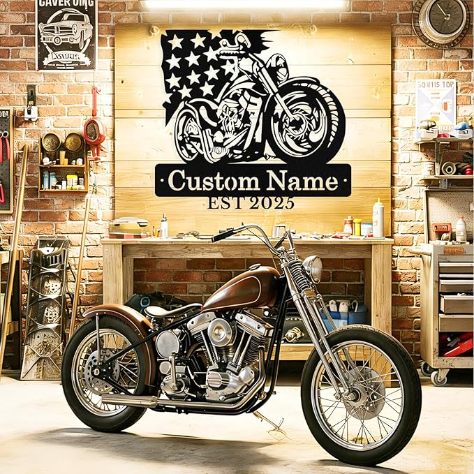 Custom US Flag Motorcycle Metal Signs Personalized Biker Name Sign Custom Garage Decor Motorbikes Wall Art Decor Motorcycle Sign Men Room Decorate Gifts for Men Husband Rider