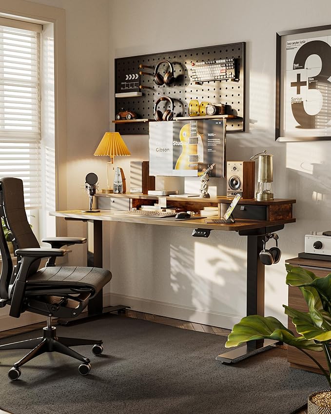 FEZIBO 40 x 24 Inch Height Adjustable Electric Standing Desk with Double Drawer, Stand up Home Office Computer Desk with 4 Height-Adjustable Feets & 2 Hooks, Rustic Brown