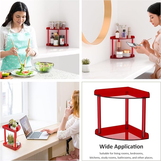 Sezanrpt 2 Tier Countertop Corner Organizer Shelf 7x7x8 Inch, Red Acrylic Bathroom Corner Shelf for Countertop, Vanity Storage for Skincare, Cosmetics, Perfume