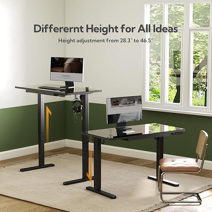 INNOVAR Glass Standing Desk with Drawers, 40 x 24 Inches Electric Height Adjustable Desk, Tempered Glass Top Stand Up Desks for Home and Office, Black