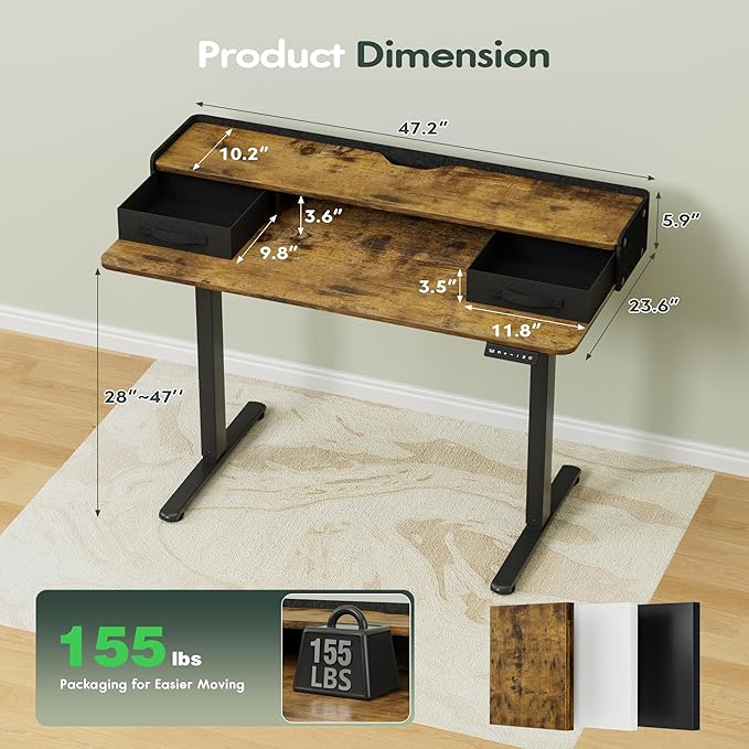 Homall Electric Standing Desk with 2 Drawers, Adjustable Height Computer Desk with Monitor Shelf Sit Stand Table with Splice Board Quick Install for Home Office (Rustic Brown, 48 Inch)