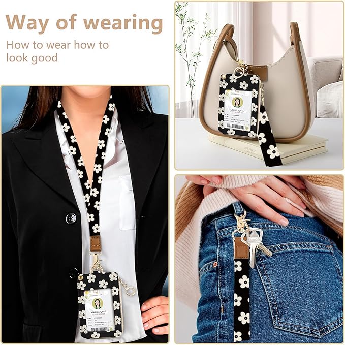 bolimoss Cute Floral Lanyard Wallet and ID Badge Holder with Zipper Pocket Breakaway Phone Wrist Lanyard, RFID Pu Leather Credit Card Holder