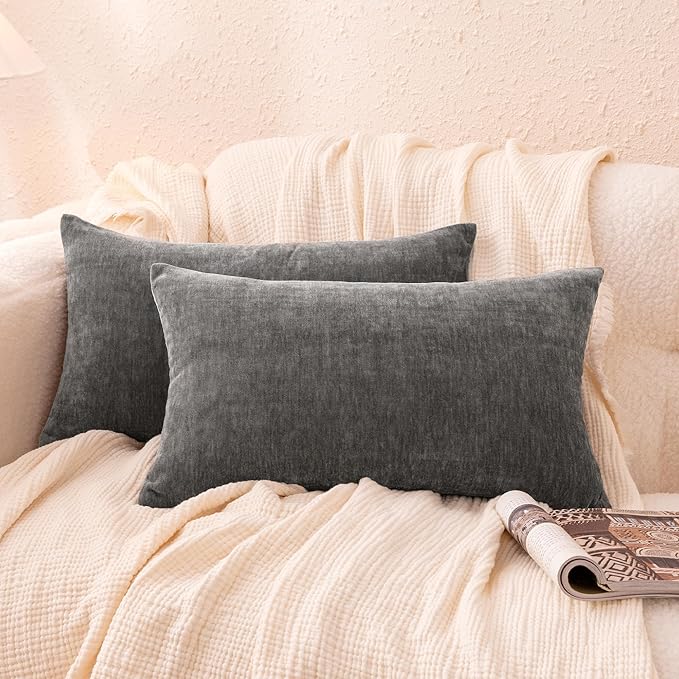 Amazon Basics Chenille Throw Pillow Covers, Home Decor Lumbar Cushion Cover for Bedroom Living Room Couch Bed, 12" W × 20" L, Dark Gray