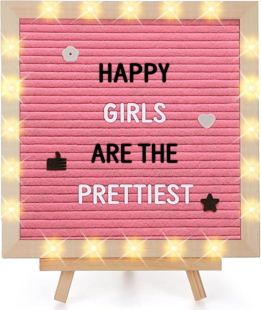 Changeable Felt Letter Board with LED Lights - 10×10" Message Custom Signs & Wood Stand & 450 Letters, Poster Board for Valentine's Day/Baby/Pregnancy Announcement/Classroom Wall Decor Gifts, Pink