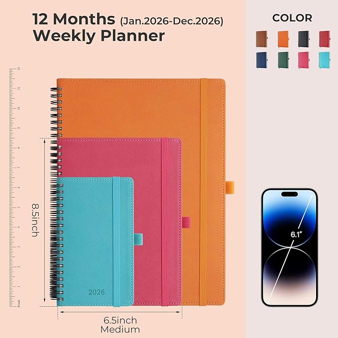 IN-LUXPRO Planner 2026 Daily Weekly and Monthly,8.5"x6.5",12 Months Spiral Bound Calendar Agenda with Self-adhesive Pen Holder,2026 Appointment Book with Vegan Leather Soft Cover,Rose Red