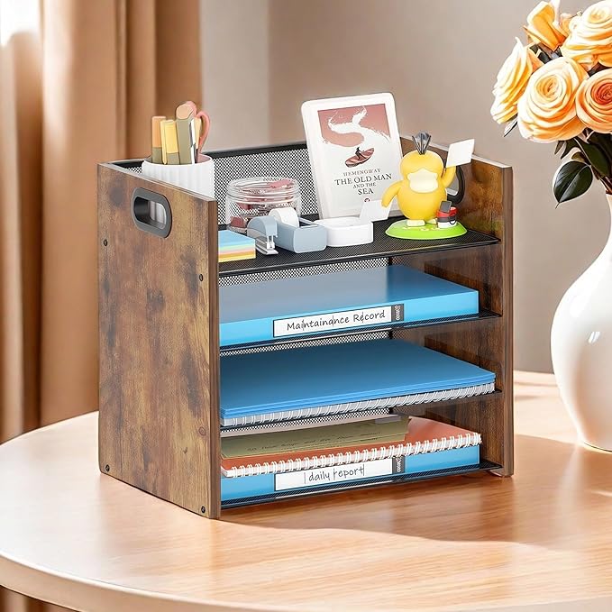 Boershun Wood Desk Organizer - 4-Tier Desktop File Organizer, Wooden Paper Organizer, Office Desk Organization for Accessories, Papers, Mail, Notebooks, Stationery