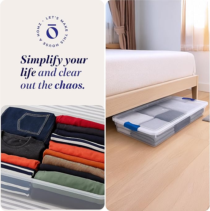 HOMZ 2-Pack Under Bed Storage, Clear Plastic Containers with Lids, 60 Quart, Blue Latch - Stackable Underbed Organizer Bins for Shoes, Bags, Clothes, and Towels