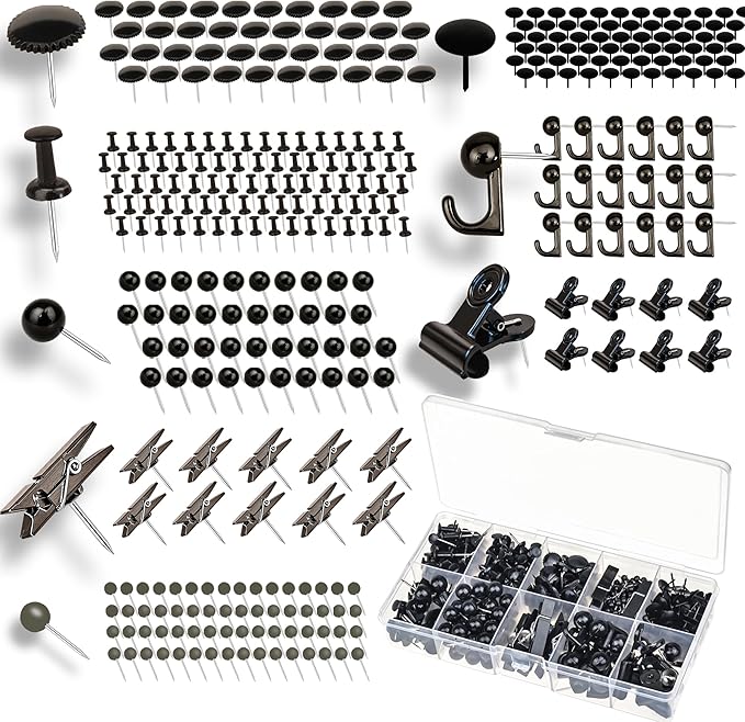 418 Pcs Push Pins Set,8 Types Black Thumb Tacks for Cork Board Bulletin Boards Home Office Accessories