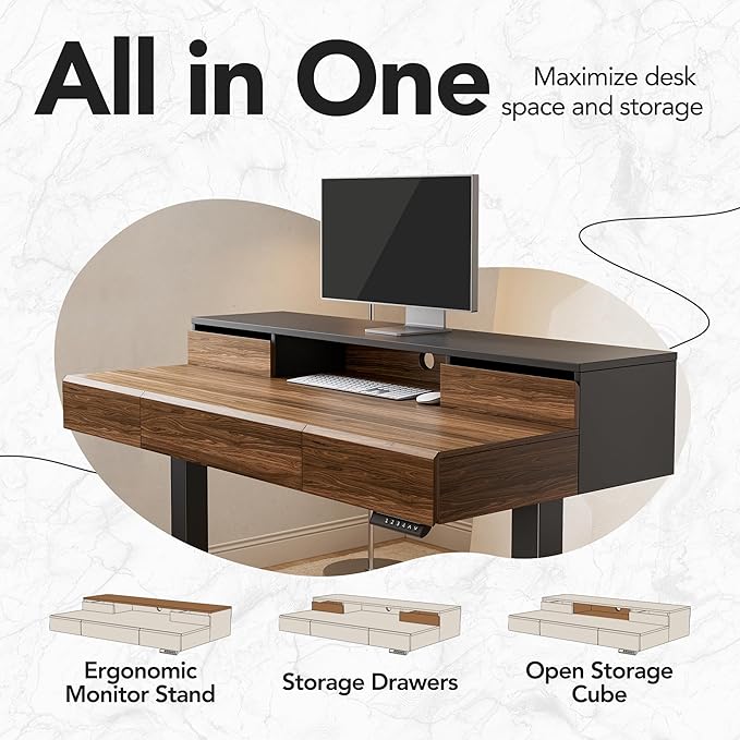 HUANUO Standing Desk with Drawers, 48 Inches Electric Height Adjustable Desk with Storage, Whole-Piece Board Sit Stand Up Desk with Monitor Shelf, Black Walnut