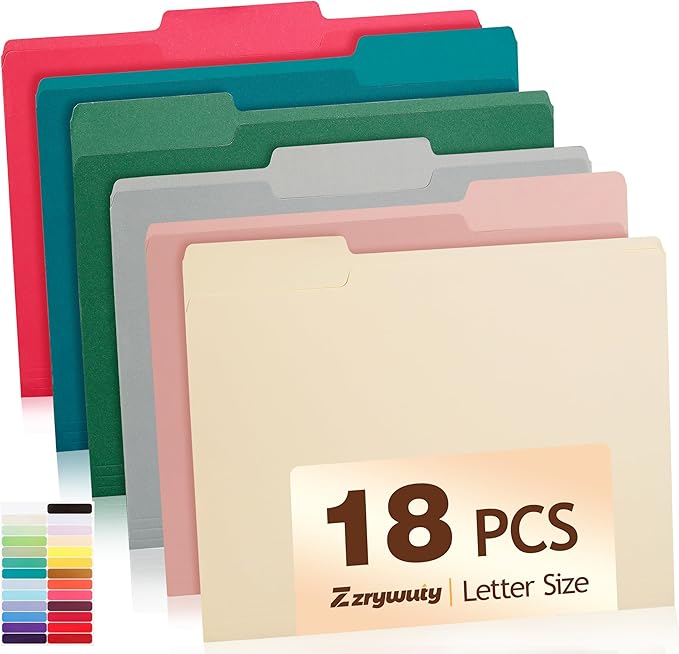 Color File Folders, 1/3-Cut Tabs, Letter Size, Assorted Colors Organizer File Folders for School Home Office Business (18, Assorted Colors)